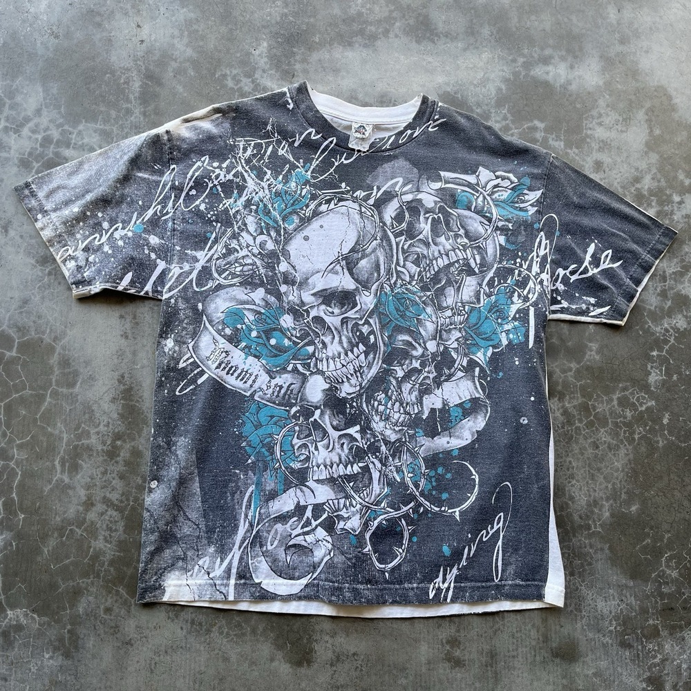 Vintage Skull Miami Ink All Over Print Affliction Y2K graphic Tee Shirt XL